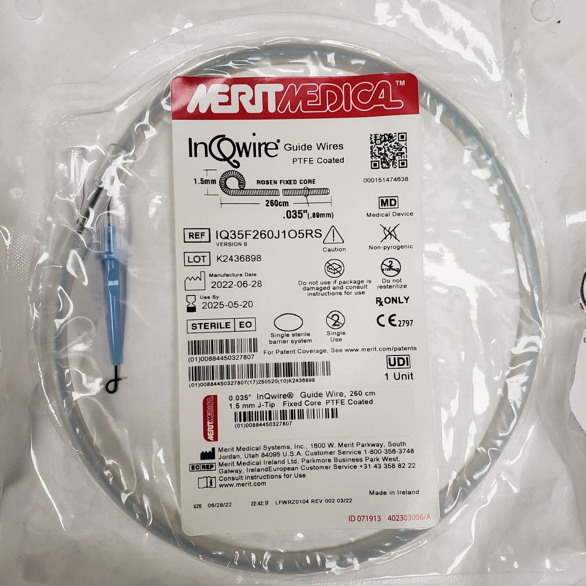 MERIT MEDICAL IQ35F260J1O5RS INQWIRE GUIDE WIRE 0.035" X 260CM, 1.5MM J