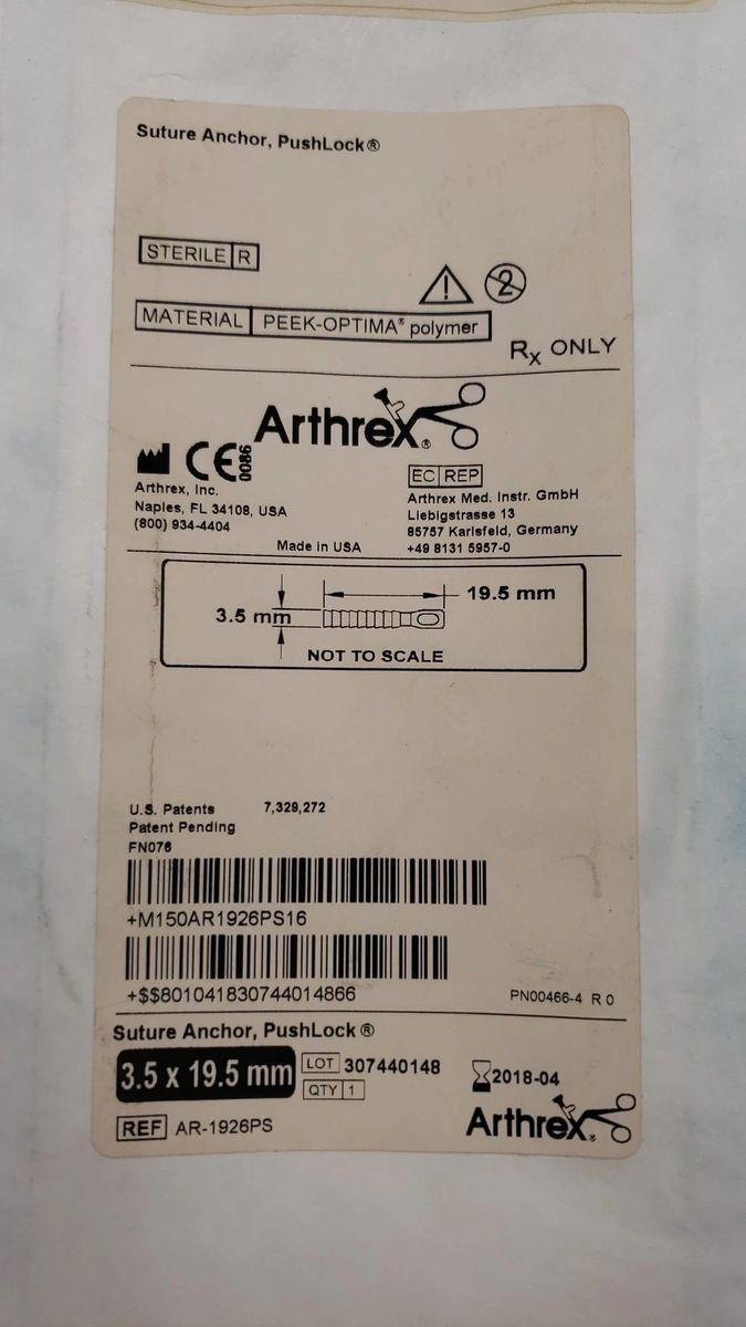 ARTHREX AR-1926PS Suture Anchor, PushLock, 3.5 x 19.5mm (X)