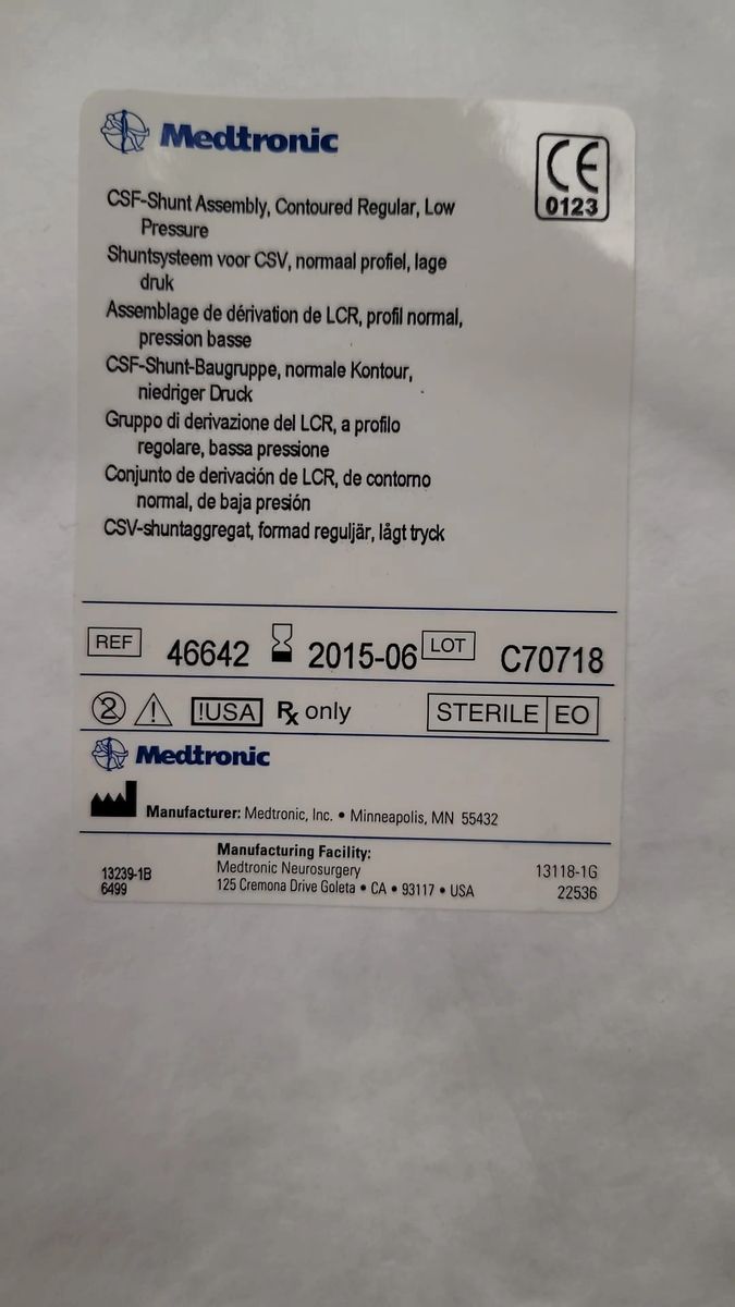 Medtronic 46644 CSFShunt Assembly, Contoured Regular, (X)