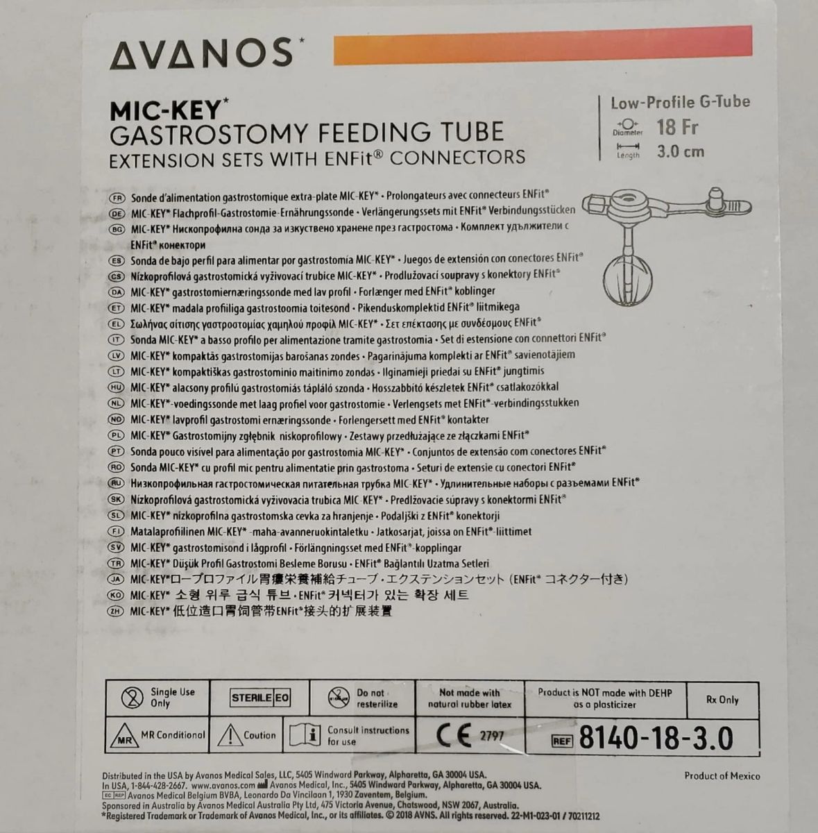 AVANOS 8140-18-3.0 mic-key gastrostomy feeding tube extension sets with ...