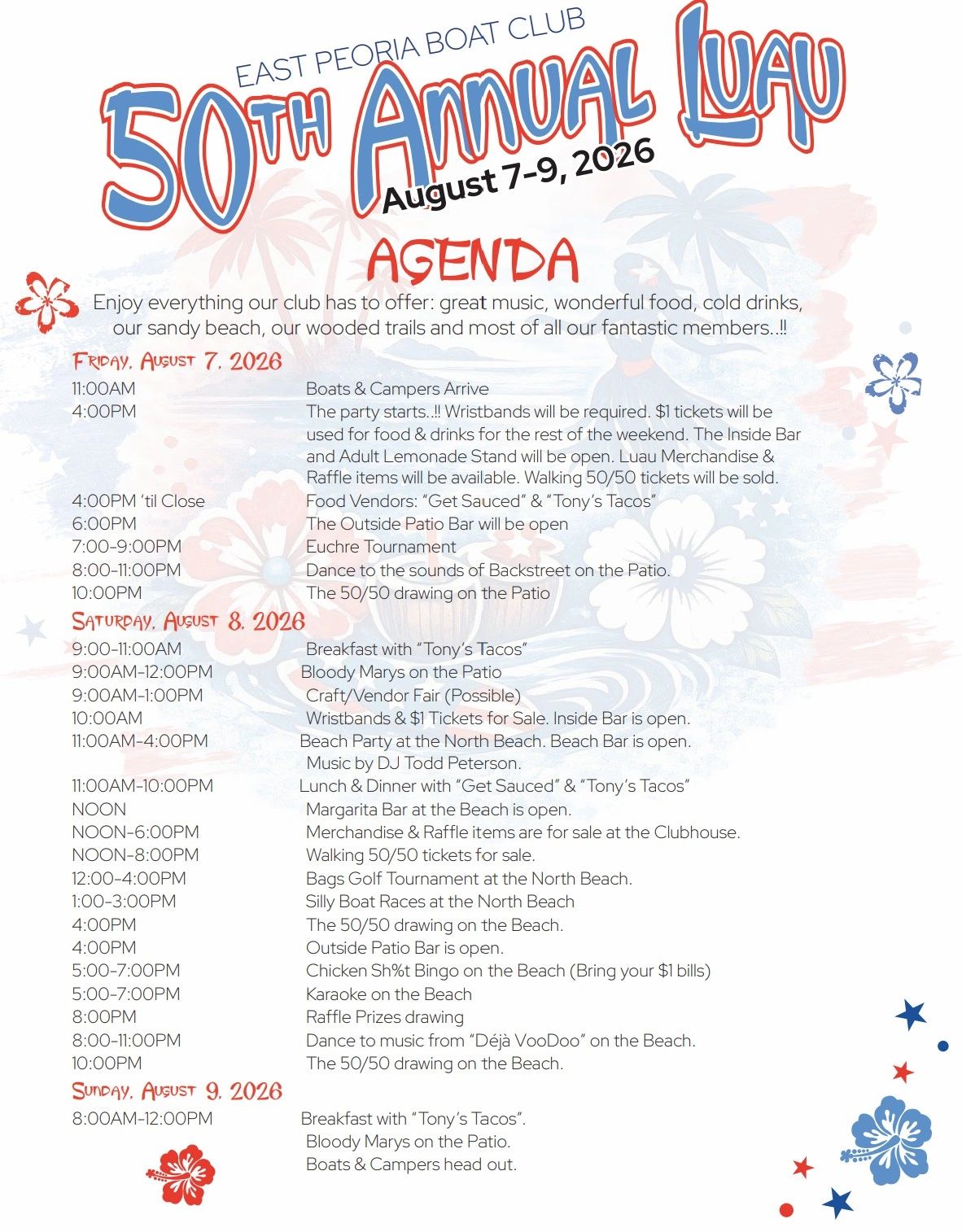 Agenda for East Peoria Boat Club's 50th Annual Luau, August 7-9, 2026.