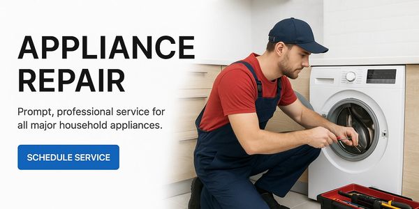 Technician repairing a washing machine, promoting appliance repair services.