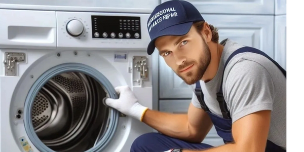 Technician inspecting a front-load washing machine for repair.