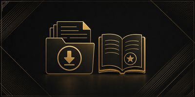 Gold and black 3D icons of a document folder and an open book.