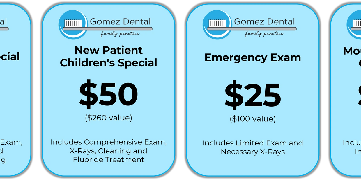 New Patient Special for an adult exam ($99), New Patient Children's Special ($50), Emergency Exam ($25), and Mouth Guard/Night Guard Special ($250) coupons available for patients to download