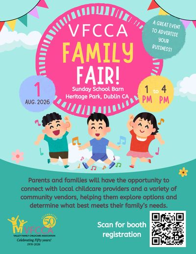 Colorful flyer for VFCCA Family Fair on August 1, 2026, from 1 to 4 PM in Dublin, CA.