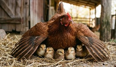 Hen sheltering chicks under her wings.