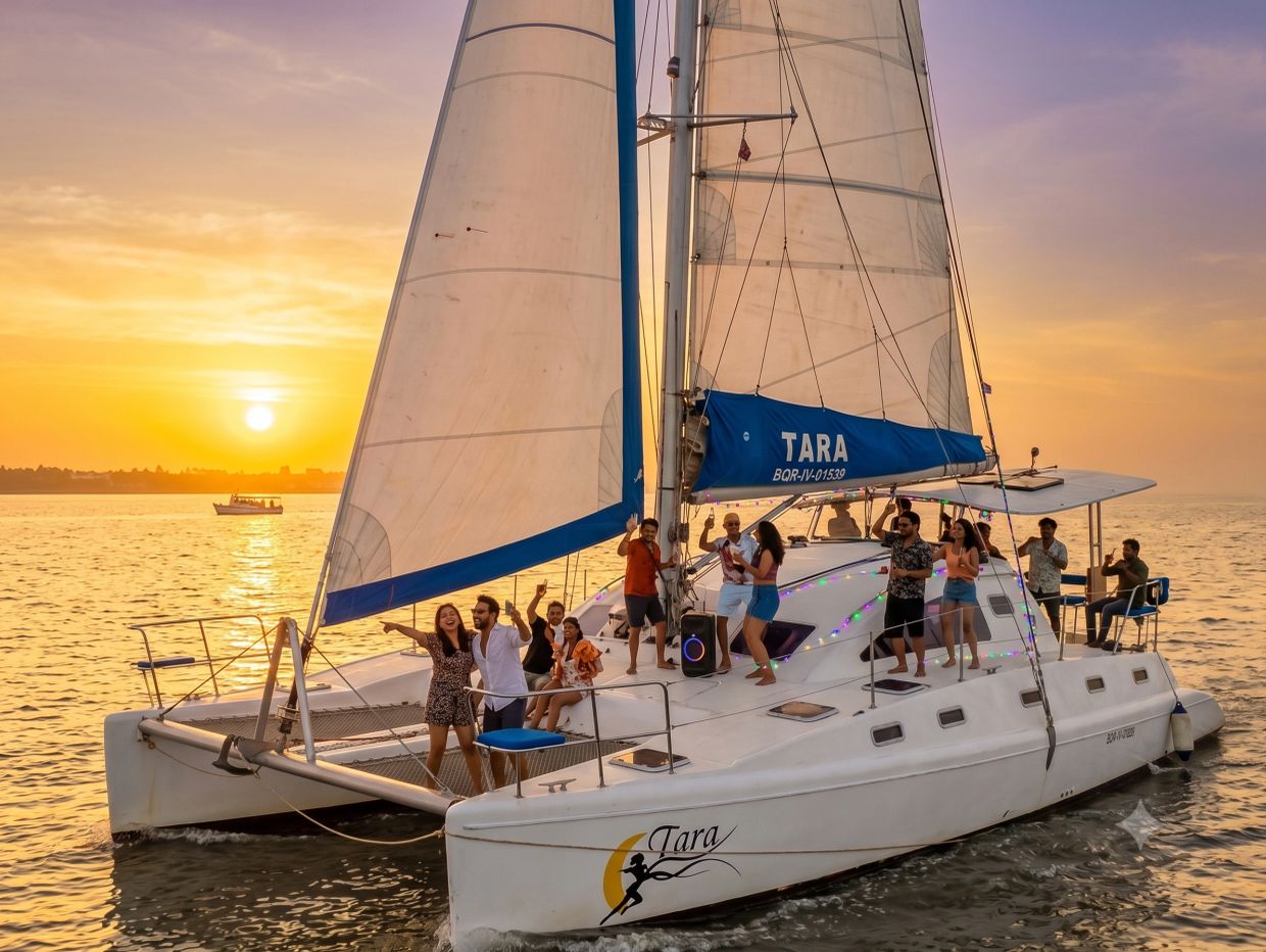 Group enjoying a sunset sail on a boat named Tara.