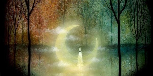 A mystical figure standing on a glowing crescent moon in a dreamy forest.