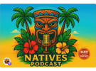 Colorful tiki mask with tropical plants and podcast title.