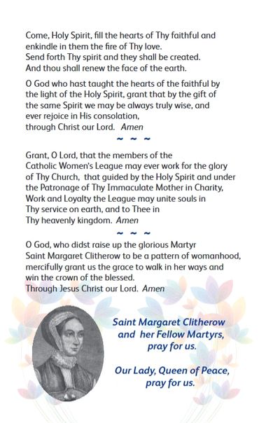 Prayer to the Holy Spirit and Saint Margaret Clitherow for guidance and protection.