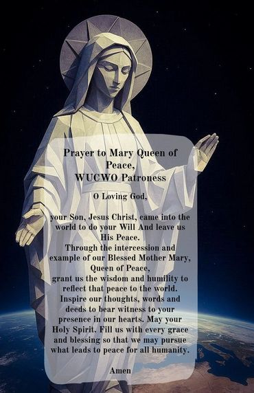 Statue of Mary with a prayer text.