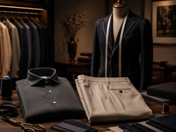 Tailored dress shirt and trousers with a suit in the background.