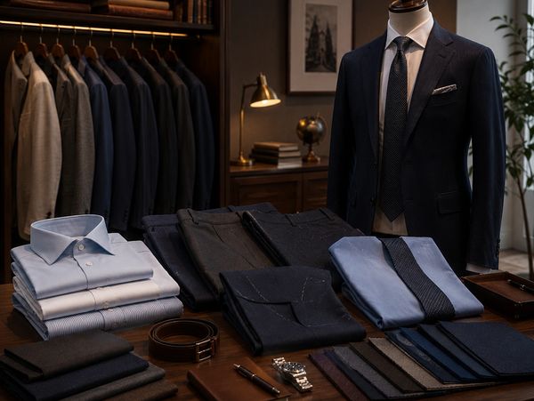 Men's suits, shirts, and accessories displayed in a boutique.