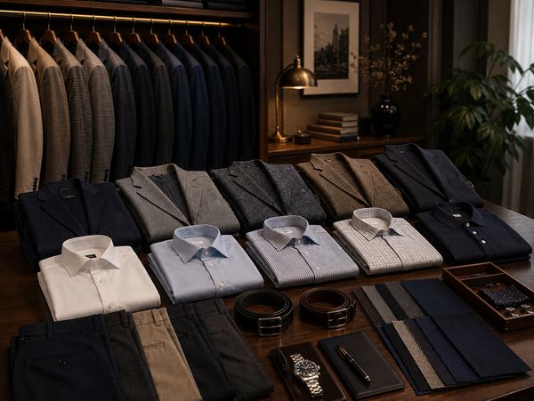 Stylish men's clothing and accessories arranged neatly.