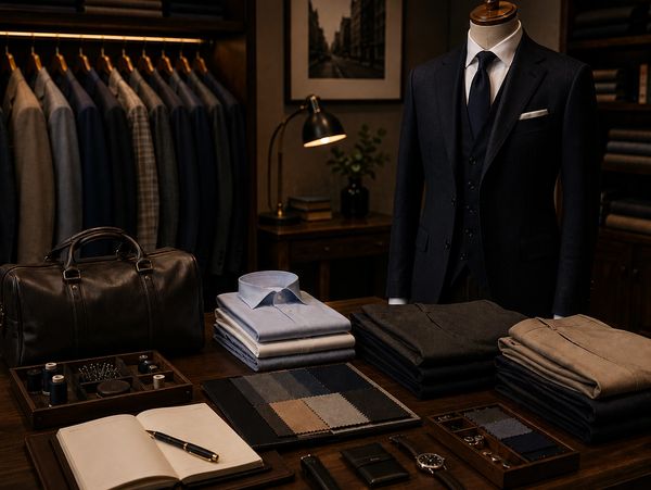 Luxury men's clothing and accessories display.