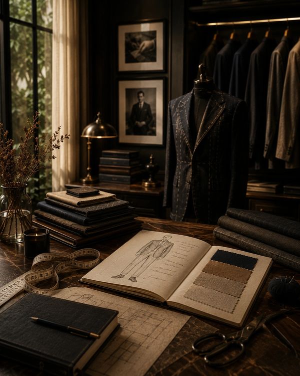 Tailoring workspace with fabric swatches, sketches, and tools.