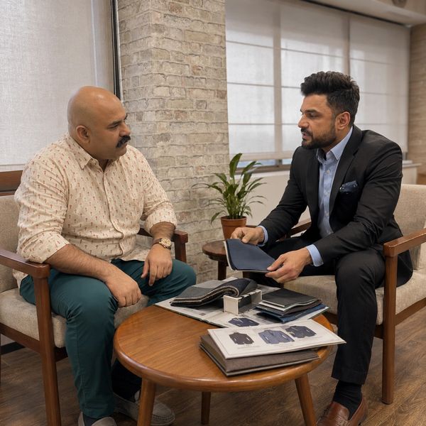 Two men discussing fabric samples in an office.
