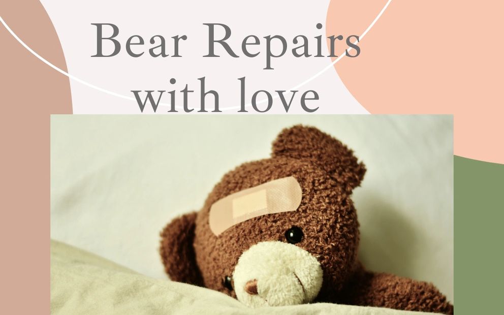 A teddy bear that needs repairs.