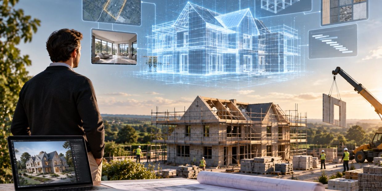 Architect visualizing a house construction with augmented reality and blueprints.
