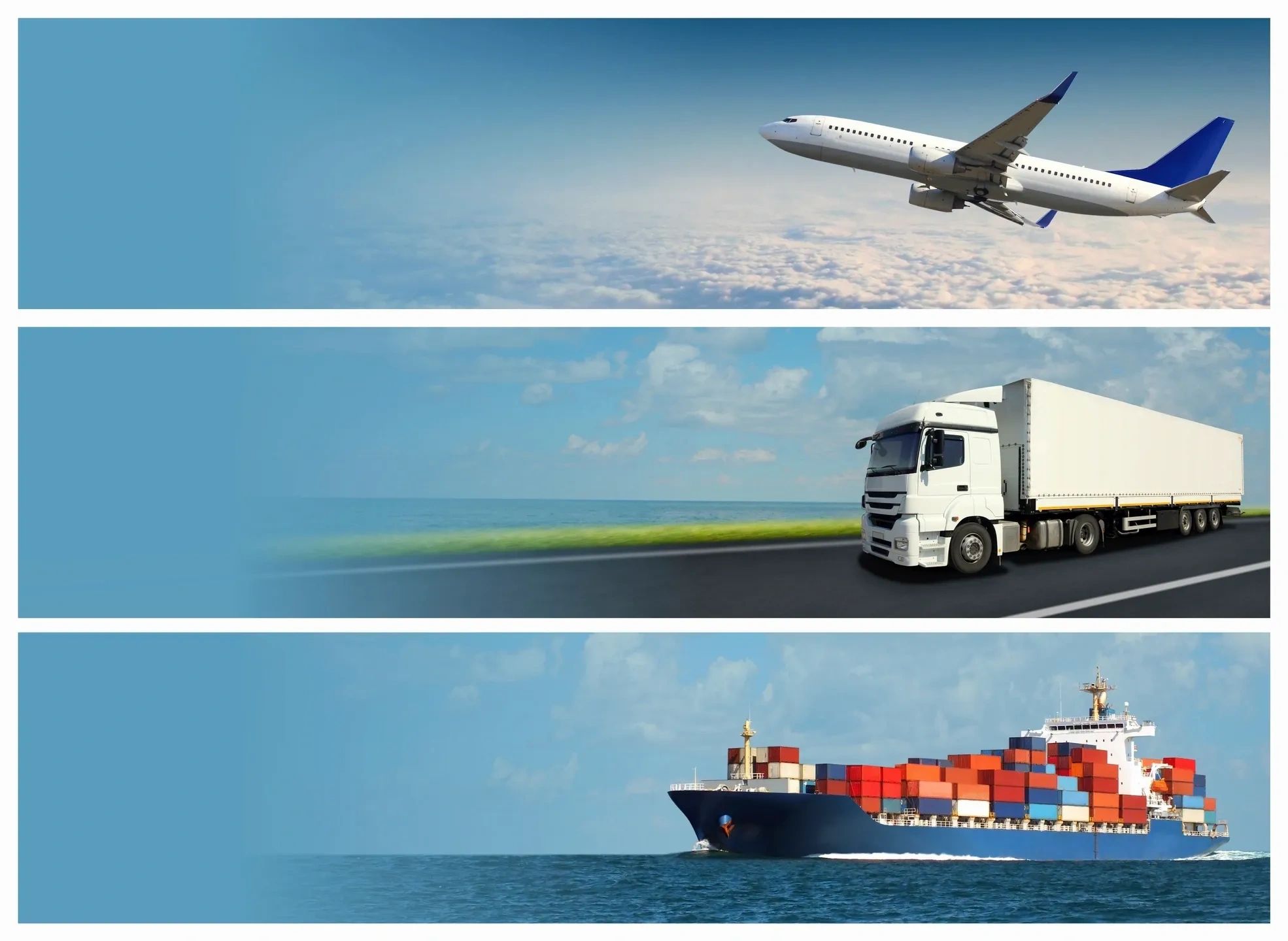 Airplane, truck, and cargo ship representing different modes of transportation.