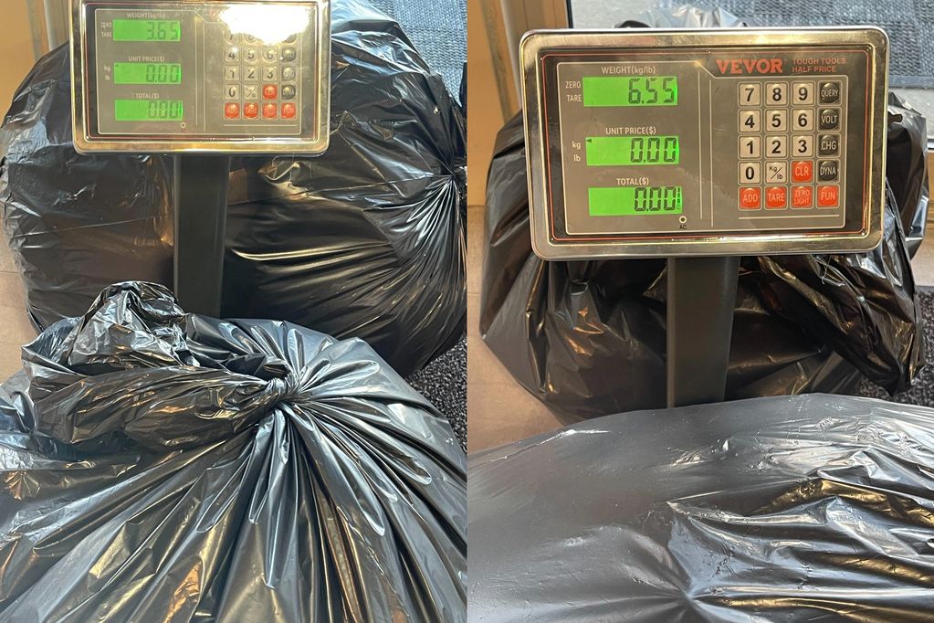 If you guessed the bag on the left was the recyclables, then you're right.  