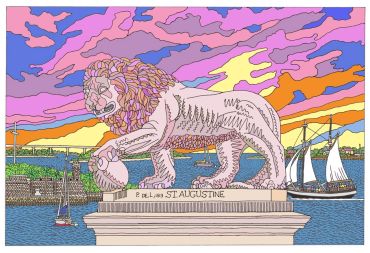 Illustrated lion statue against colorful sky and sailboats.