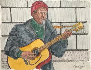 Sketch of a man playing guitar and wearing a red beanie.