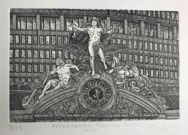 Intricate engraving of three nude figures on a classical clock structure.