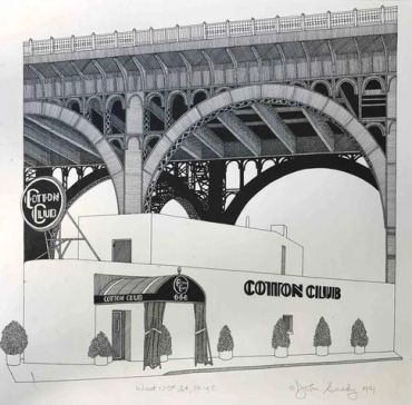 Black and white sketch of Cotton Club under a bridge.