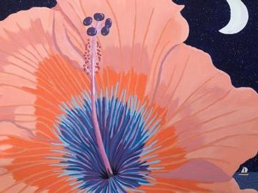 Close-up of a colorful flower against a night sky with crescent moon.