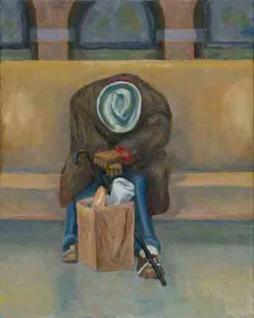 Person resting with head down and cane.