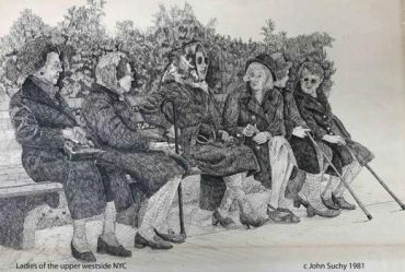 Sketch of five elderly women seated on a bench.