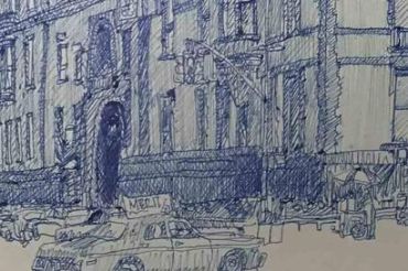 Pen sketch of a city street with vehicles and buildings.