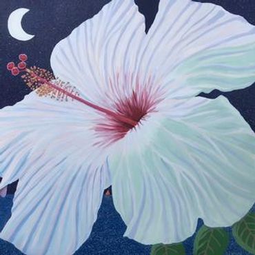 Large white hibiscus flower under crescent moon.