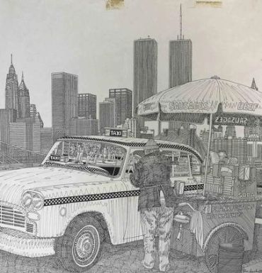 Sketch of a taxi, hot dog stand, and city skyline with Twin Towers.