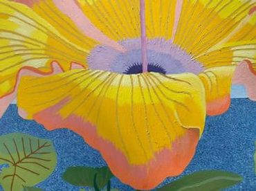 Close-up of a vibrant yellow flower painting.