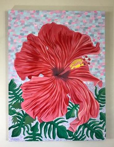 A painting of a large red hibiscus flower with green leaves.