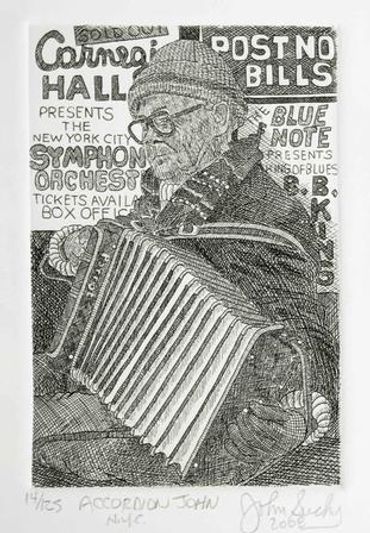 Illustration of a man playing an accordion against a vintage poster background.