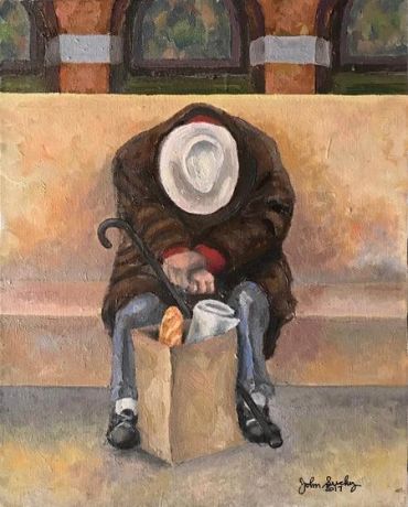 Painting of a person sitting with a bag and cane, head bowed.