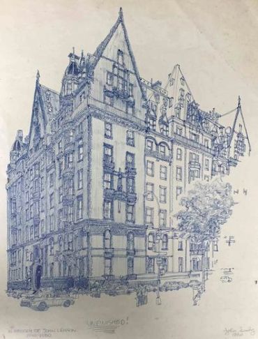 Detailed architectural sketch of a large building.