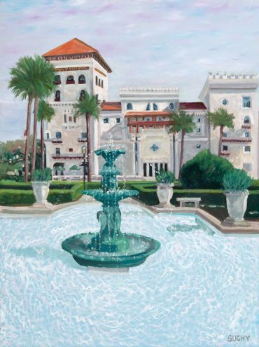 Painting of a Mediterranean-style building with a fountain.