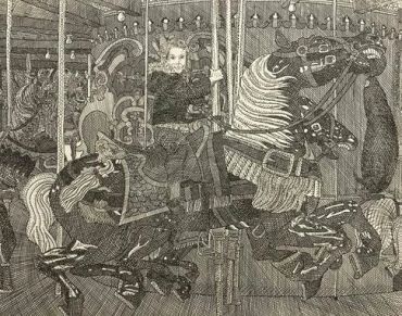 Vintage illustration of a child on a carousel horse.