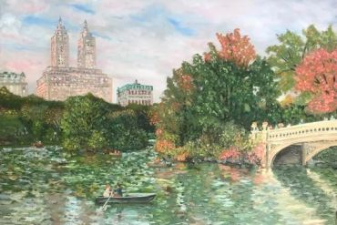 Painting of a lake with a boat and a bridge in a park.