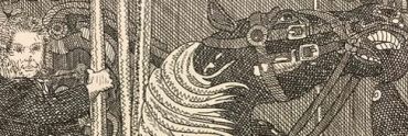 Illustration of a man holding reins of a horse.