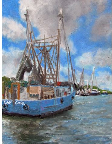 Painting of fishing boats on water under a cloudy sky.