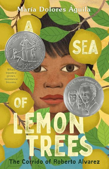 Book cover of 'A Sea of Lemon Trees' by María Dolores Águila with award medals and lemon illustrations.