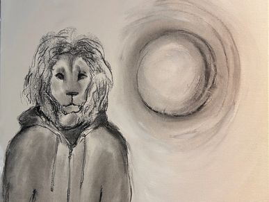 Black and white drawing of a lion wearing a hoodie beside a circular shape.