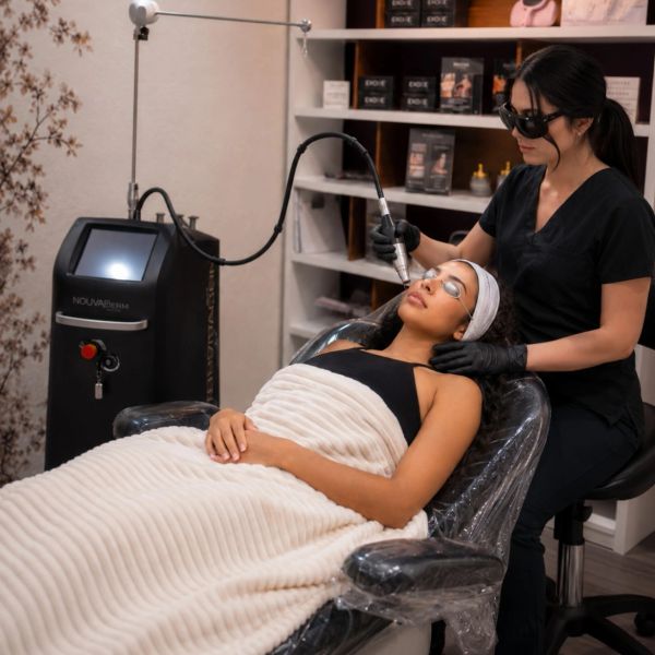 Woman receiving a facial laser treatment in a spa.