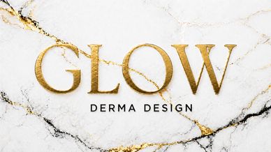 Elegant GLOW Derma Design logo on marble background.